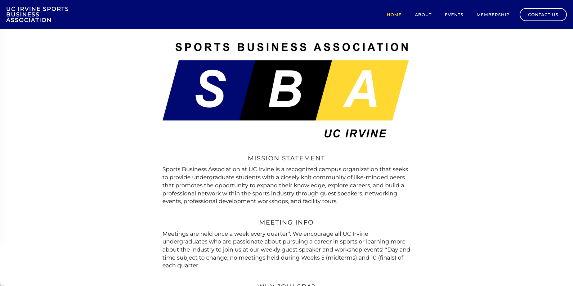 UCI Sports Business Association Website screenshot